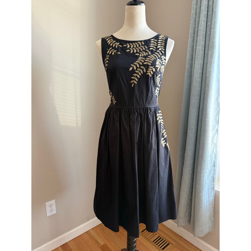 eShakti Cotton Embroidered A Line Dress Gold Botanical Pockets‎ Sz S Event Party